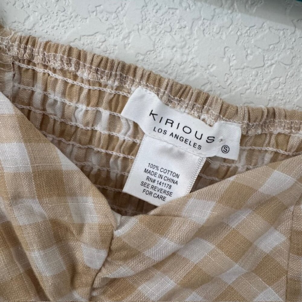 Kirious Gingham Crop Top Women Small Tan White Tie Front Smocked Puff Sleeve - Picture 5 of 7